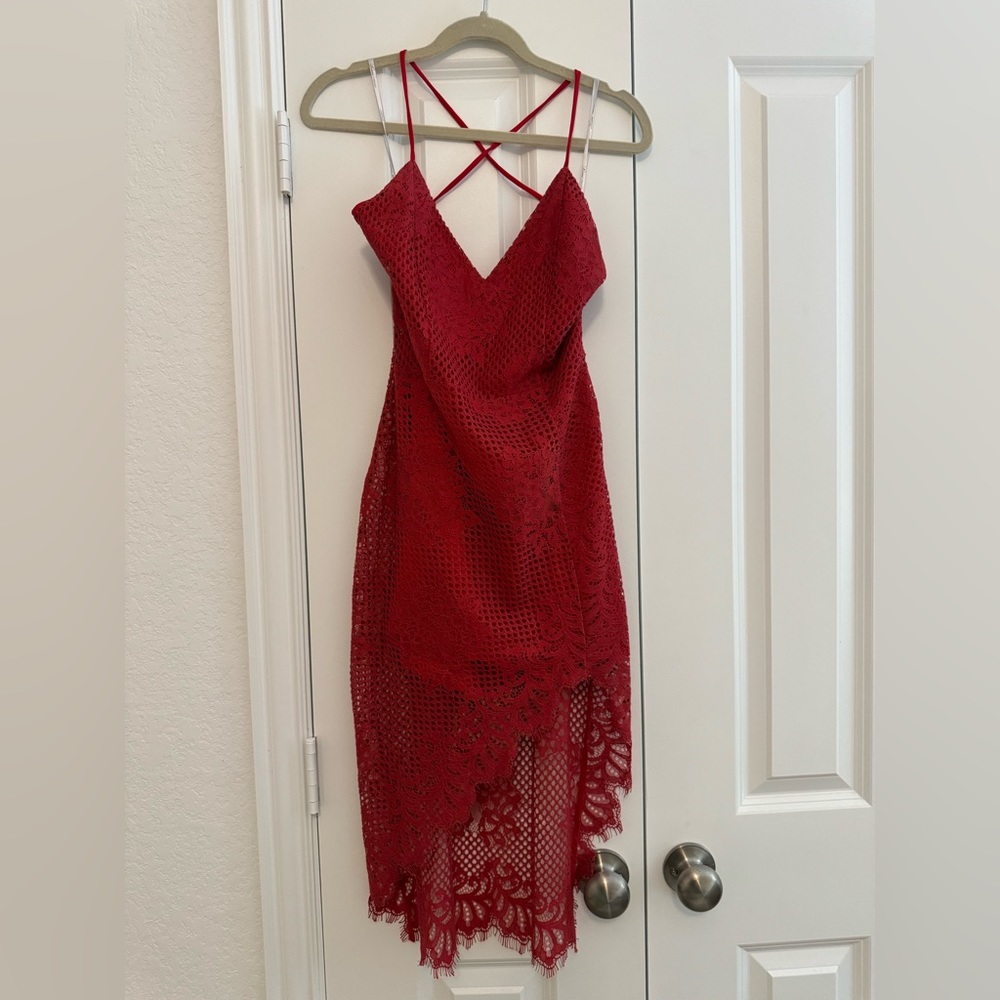 Lovers + Friends sexy lace red asymmetrical hem dress